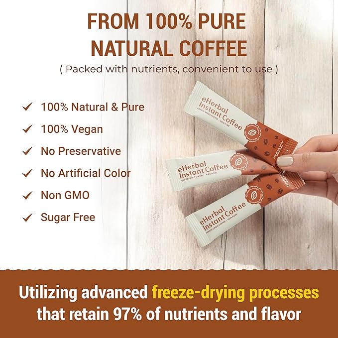 eHerbal Vegan Calming Instant Coffee Powder, plant base freezed dried Cold Brew 20 Packs | Smooth &