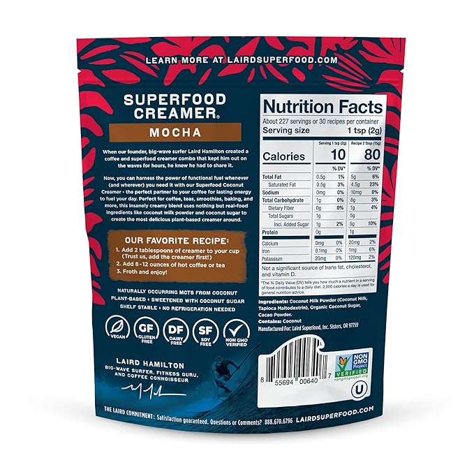 Laird Superfood Non-Dairy Coffee Creamer Mocha, Shelf-Stable Superfood Non-Dairy Powder Creamer