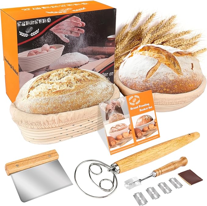 TNELTUEB Bread Proofing Basket Set, Incl 10'' Round & 9.6'' Oval Rattan Banneton, Dough Whisk