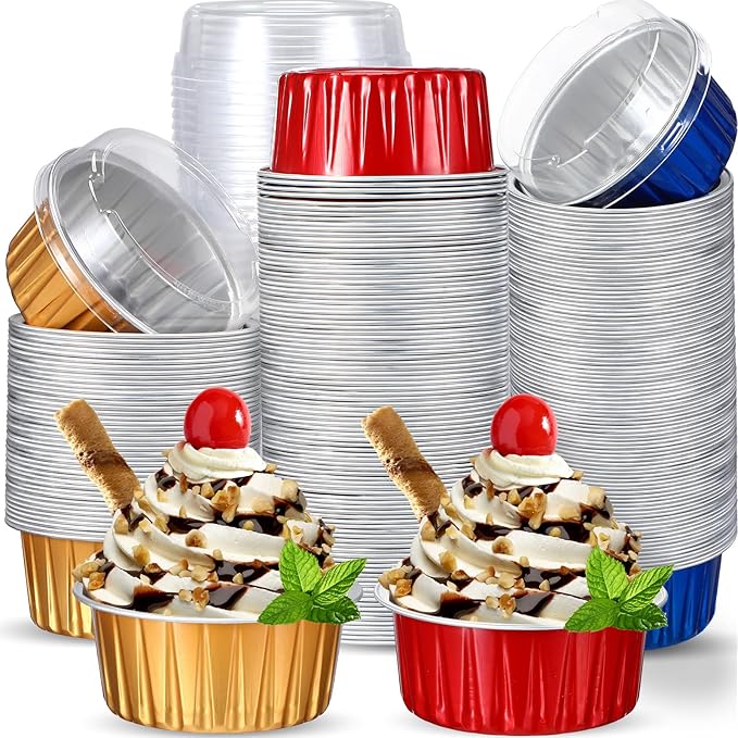 150 Pcs Cupcake Liners with Lids 5 oz Aluminum Foil Cupcake Baking Cups Disposable Ramekins Muffin