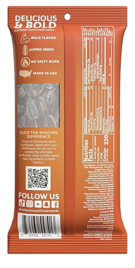 SMACKIN' Sunflower Seeds, Roasted Jumbo Small-Batch, American Made - Maple Brown Sugar. 1.5oz bags