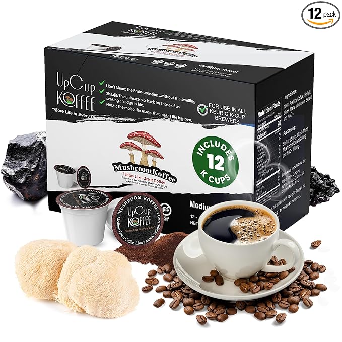 UpCup Koffee Functional Mushroom Coffee K Cups - 100% Arabica Coffee Beans with Lions Mane, NAD+, &