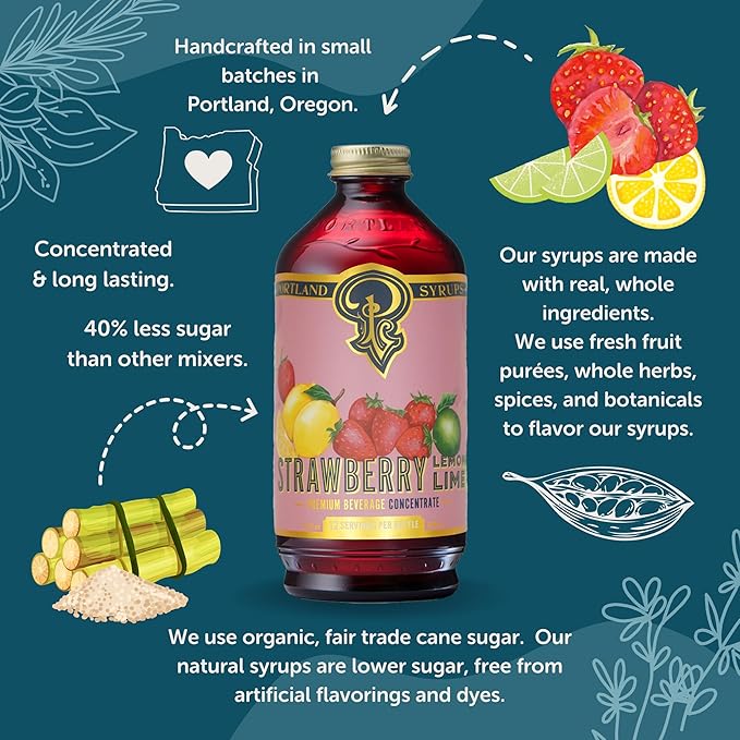 Portland Syrups Strawberry Lemon-Lime Syrup - Summer in a Glass with Tangy Citrus and Sweet
