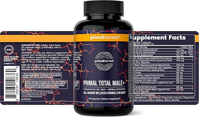 Primal Harvest Total Male+ Multivitamin for Men with Essential Vitamins, Minerals and Herbal