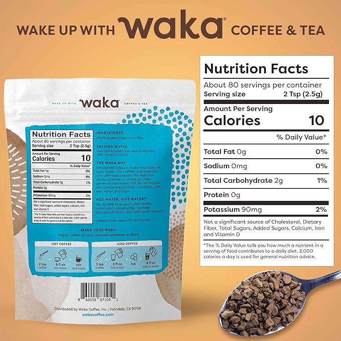 Waka Premium Instant Coffee Pouch — 100% Colombian Arabica Freeze Dried Beans — For Hot or Iced