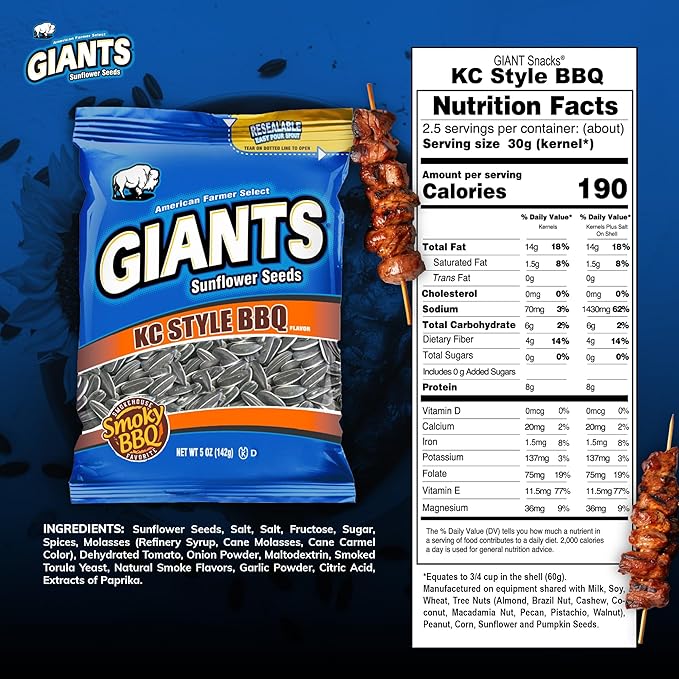 GIANTS KC Style BBQ Sunflower Seeds - Sunflower Seeds Bulk, Roasted Sunflower Seeds to Eat