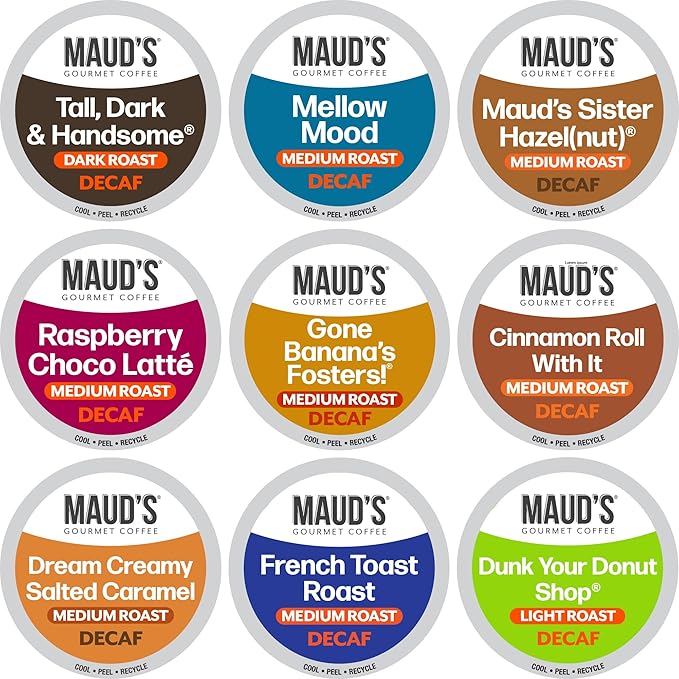 Maud's Decaf Coffee Pods Variety Pack, 80 ct, 9 Assorted Roasts & Flavors, Decaffeinated Medium