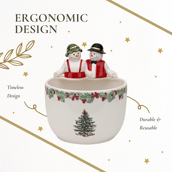 Spode Christmas Tree 9-Inch Candy Bowl - Mr. & Mrs. Snowman Decorative Earthenware Bowl for Serving