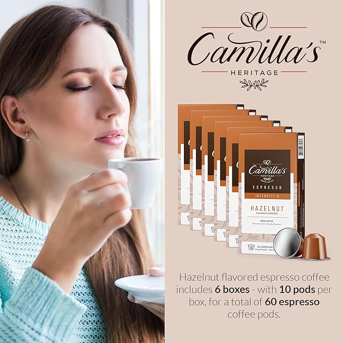 Camilla’s Heritage - Intensity 8 Hazelnut Flavored Espresso Coffee, Gourmet Espresso Cups, 60