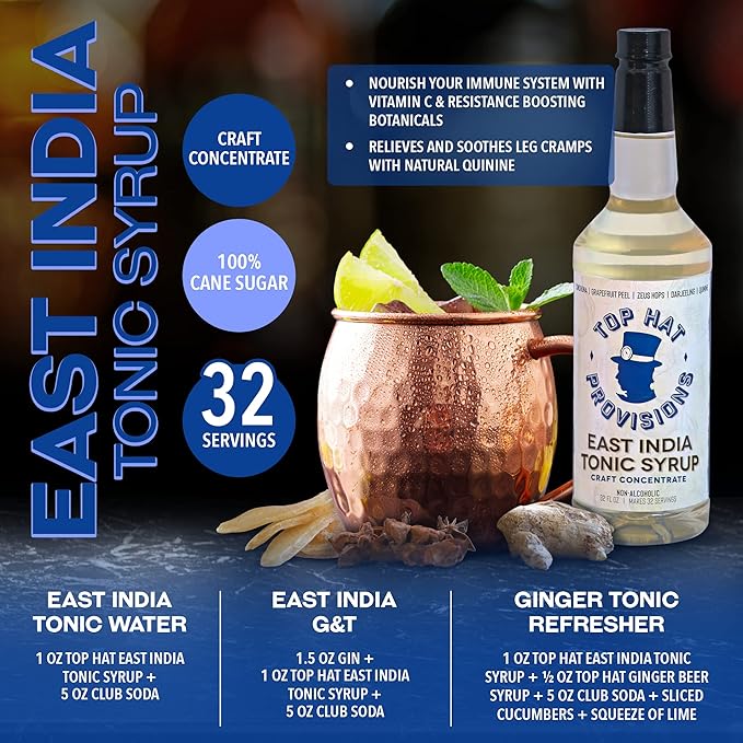 Top Hat East India Craft Concentrated Quinine Tonic Drink Syrup - 5x Natural Quinine Wellness Tonic