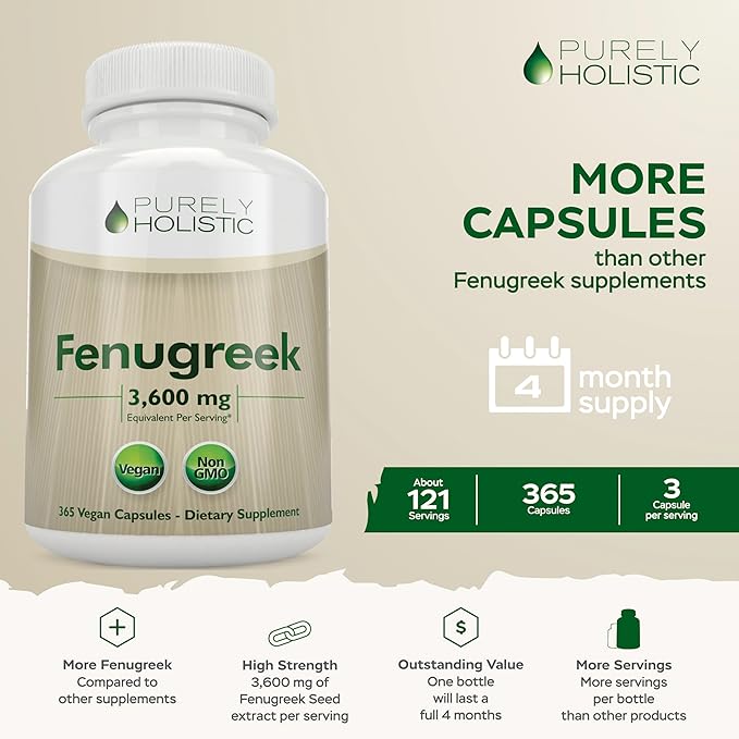 Purely Holistic Fenugreek Capsules 3600mg - 365 Vegan Capsules - Lactation Supplement - from