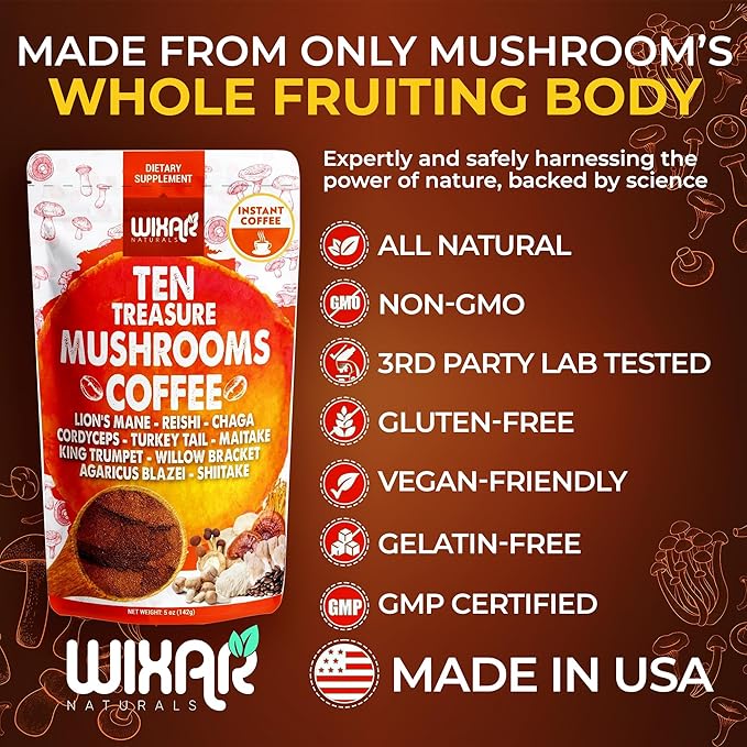 Wixar Mushroom Coffee Blend - Ten Treasure Mushrooms Extract Instant Coffee Powder with Lions Mane