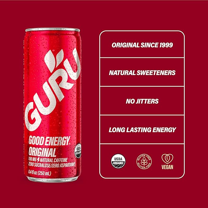 GURU Original Organic Energy Drinks, Clean Energy Drink with Plant Based Natural Caffeine from