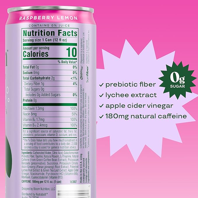 Bloom Nutrition Sparkling Energy Drink for Focus, Natural Caffeine, Zero Sugar, 180mg Caffeine