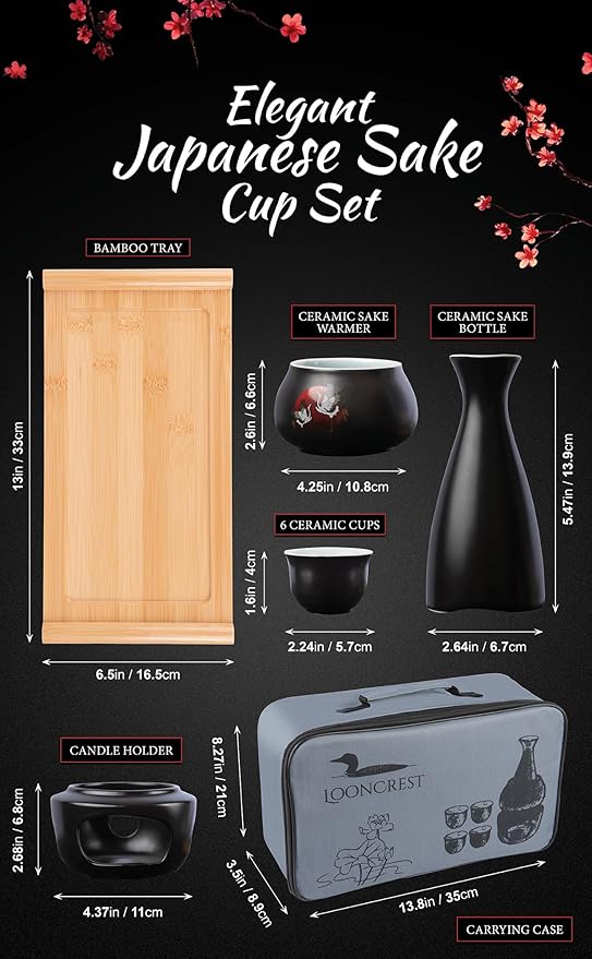 Japanese Sake Cup Set with 6 Ceramic Cups, 1 Ceramic Sake Bottle, 1 Ceramic Sake Warmer, Bamboo