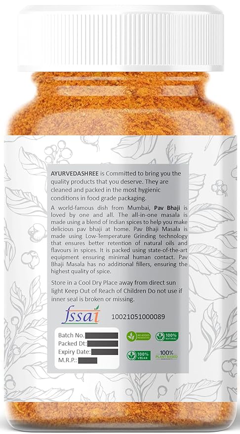 AYURVEDASHREE Pav Bhaji Masala 100gm PET Jar- Premium Quality | All Natural | Healthy | Non GMO |