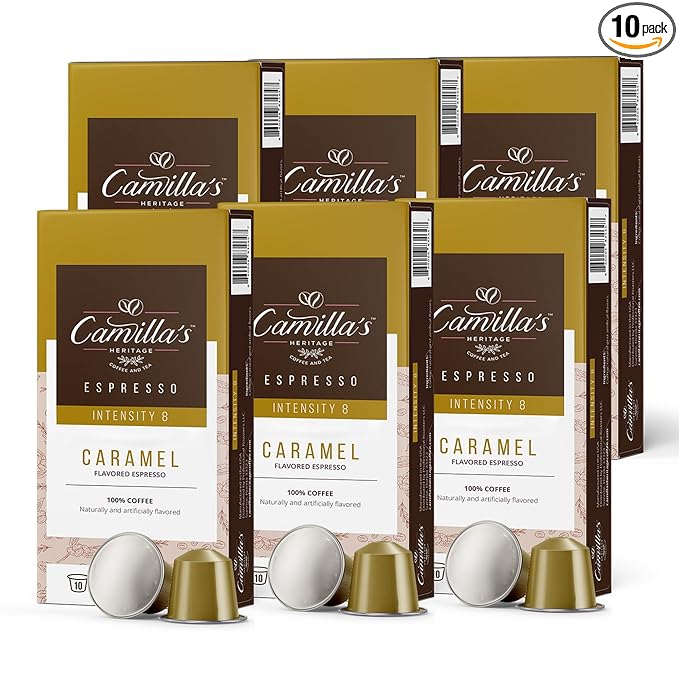 Camilla’s Heritage - Intensity 8 Caramel Flavored Espresso Coffee, Gourmet Espresso Cups, 60 Coffee