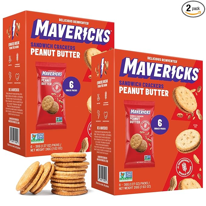 Mavericks Sandwich Crackers Peanut Butter - Plant-Based Peanut Butter Sandwich Snack Crackers