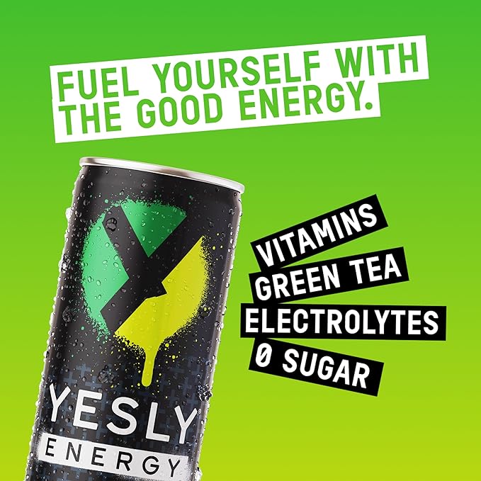 Yesly Energy Drink, Green Apple, Naturally Flavored Sparkling Energy Drink With Electrolytes