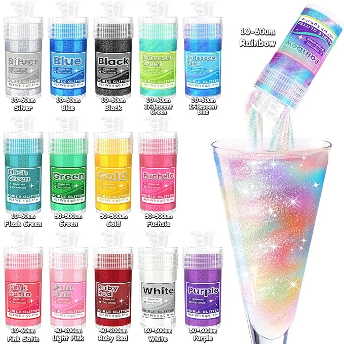 Edible Glitter - 15 Popular Colors Edible Glitter for Cocktails, Food Grade Luster Dust, Iridescent