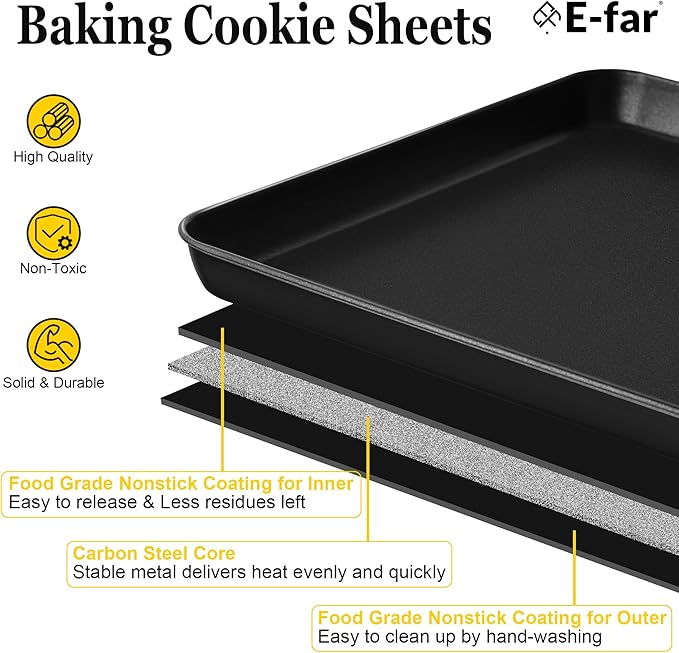 E-far Cookie Baking Sheet Set of 3, Nonstick Metal Sheets Pans Jellyroll Trays for Oven