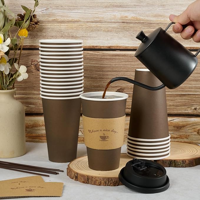 LITOPAK 100 Pack 16 oz Paper Coffee Cups, Brown Disposable Coffee Cups with Lids, Sleeves, Sticks
