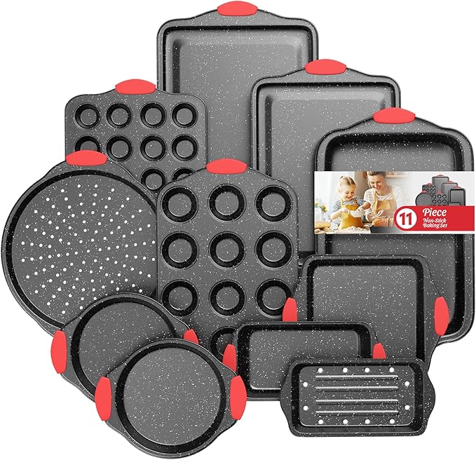 11-Piece Nonstick Stackable Baking Pans Set, Toxin-Free Bakeware Sets, Baking Pan Set with Silicone