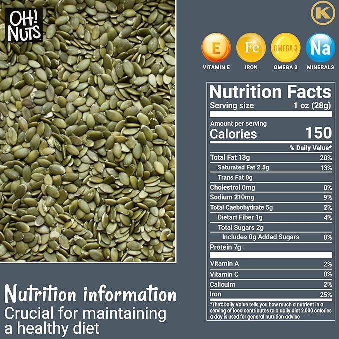 Oh! Nuts Pumpkin Seeds - Roasted Salted - 3 lb - No Shell Pepitas - Packed in New York Zip-Seal Bag