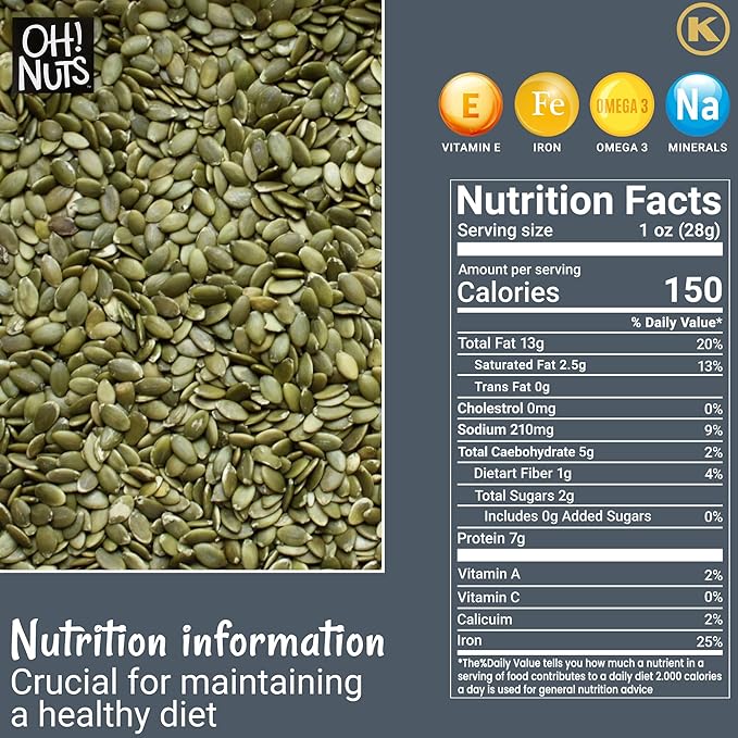 Oh! Nuts Pumpkin Seeds - Roasted Salted - 1.25 lb - No Shell Pepitas - Packed in New York Zip-Seal