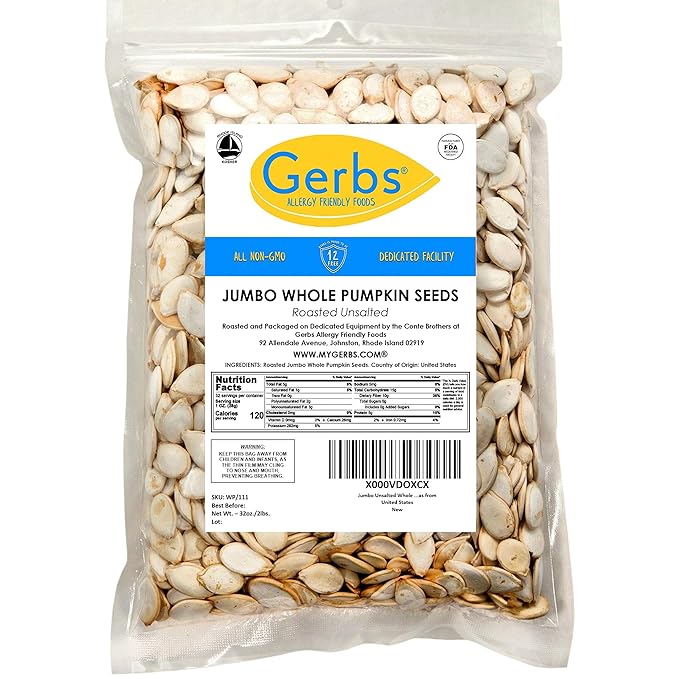 Gerbs Roasted Unsalted Jumbo Whole Pumpkin Seeds 2 lbs. | Small Batch, In-Shell, 13-14 mm Size