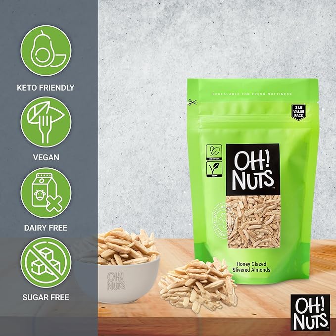 Oh! Nuts Almonds Honey Glazed Slivered - Raw - 100% Natural - 2 lb - High-Protein Almond - Packed