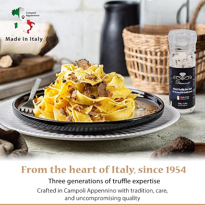 Diamante Italy Black Truffle Sea Salt with Glass Grinder - Gourmet Truffle Salt Seasoning