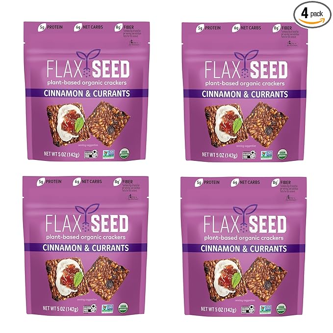 Flackers Organic Flax Seed Crackers Cinnamon & Currants, 5 Ounce 4-Pack, Gluten Free, Non GMO