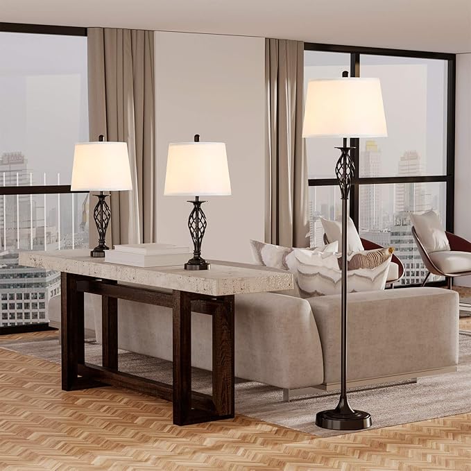 HOMCOM 3 Piece Table Floor Lamp Set with Metal Pole, Round Base, and Fabric Lampshade, for Living
