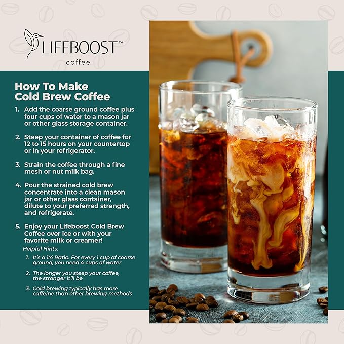 Lifeboost Low Acid Cold Brew Coffee – Organic Coarse Ground Medium Roast for Cold Brew – Single