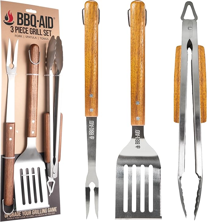 3 Piece BBQ Grilling Accessories Set - BBQ Tongs Spatula Fork Set - Heavy Duty Stainless Steel