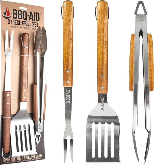 3 Piece BBQ Grilling Accessories Set - BBQ Tongs Spatula Fork Set - Heavy Duty Stainless Steel