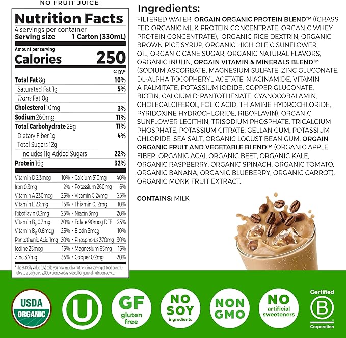Orgain Organic Nutritional Shake, Iced Cafe Mocha - 16g Protein, 20 Vitamins & Minerals, Gluten