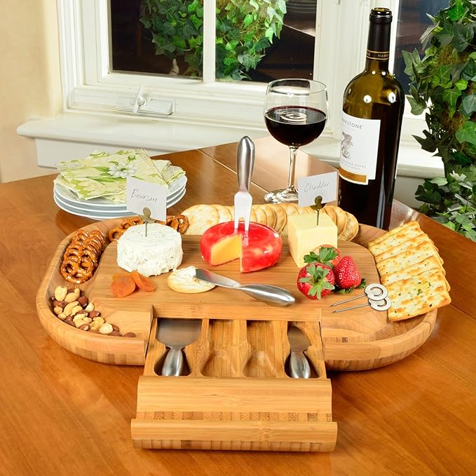Picnic at Ascot Bamboo Cutting Board for Cheese & Charcuterie with Knife Set & Cheese Markers