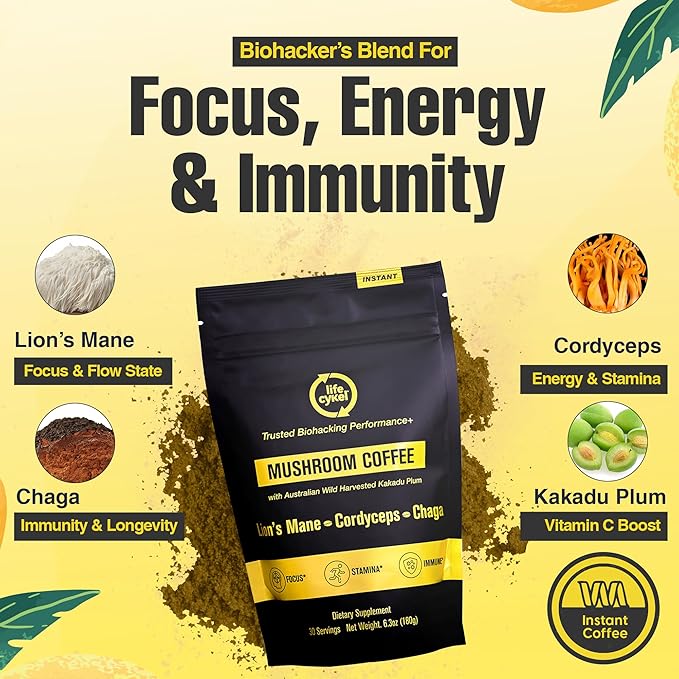 Lifecykel Mushroom Coffee – Arabica Blend with Lion’s Mane, Chaga Extract, Cordyceps & Kakadu Plum