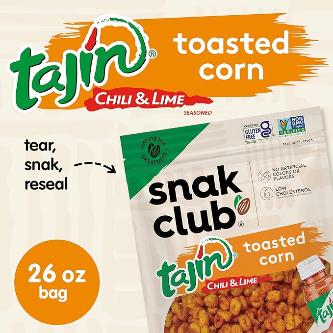 Snak Club Tajin Toasted Corn, Roasted Corn Nuggets with Chili and Lime Seasoning, Mild, Non-GMO