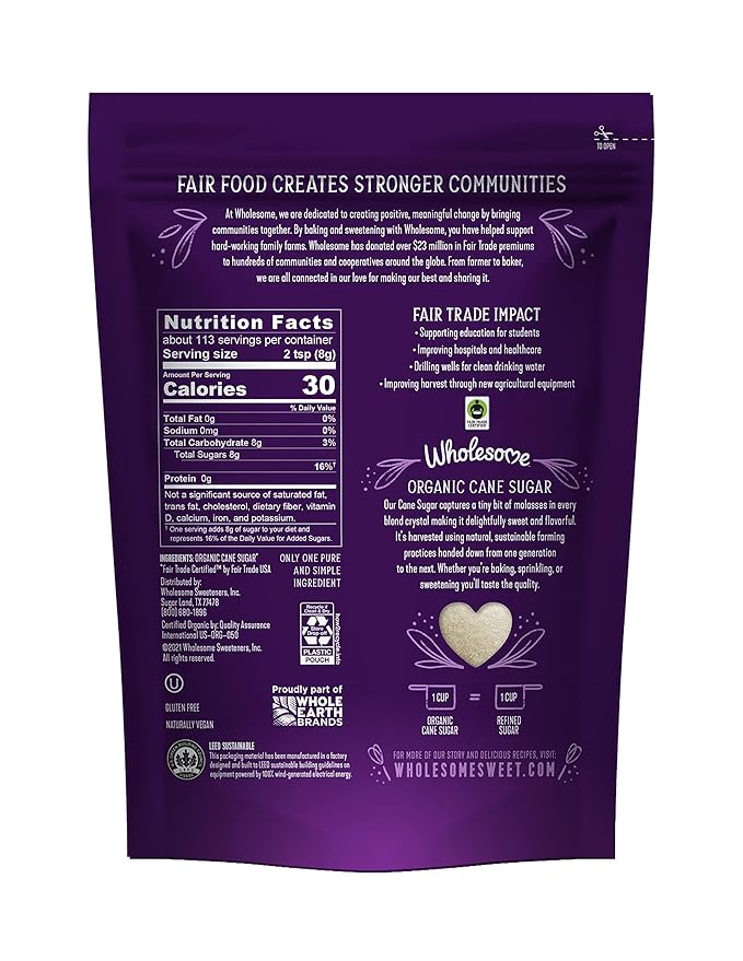 Wholesome Sweeteners 32-Ounce Organic Cane Sugar, Fair Trade, Non GMO, Gluten Free, Pure & Vegan