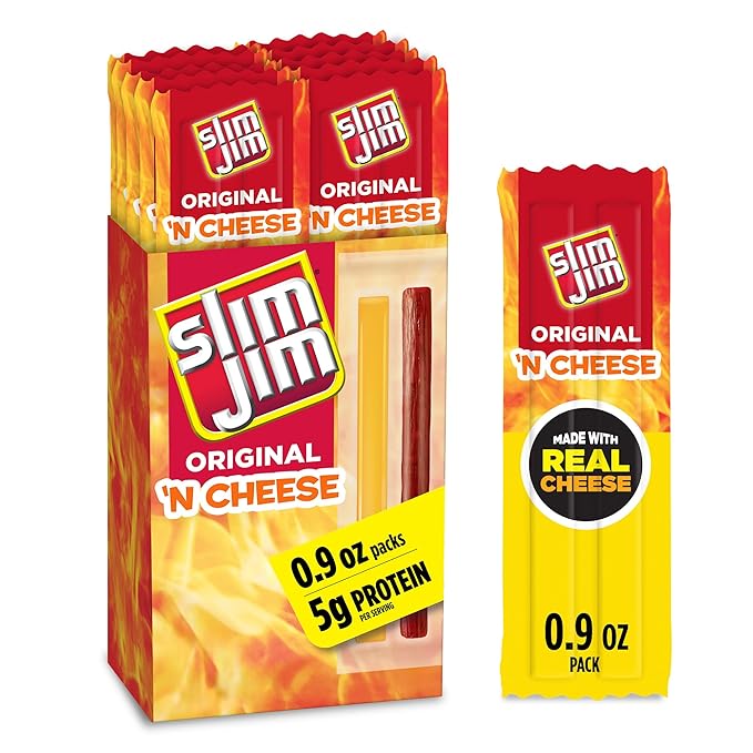 Slim Jim Beef 'N Cheese Smoked Meat Sticks, Original Flavor, 5g Protein Per Serving, Snack Size