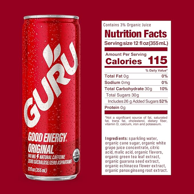 GURU Original Organic Energy Drinks, Clean Energy Drink with Plant Based Natural Caffeine from