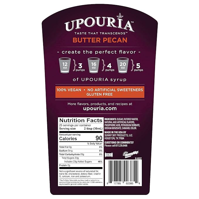 Upouria Butter Pecan Coffee Syrup Flavoring, 100% Vegan, Gluten-Free, Kosher, 750 mL Bottle (Pack