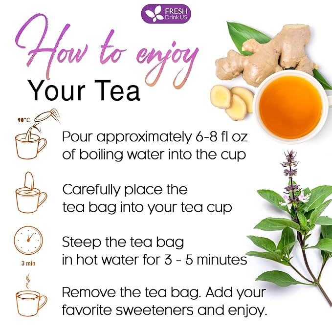 FreshDrinkUS, Premium 135 Ginger Tulsi Tea Bags, 100% Natural, Hand-made Blend of Ginger and Tulsi