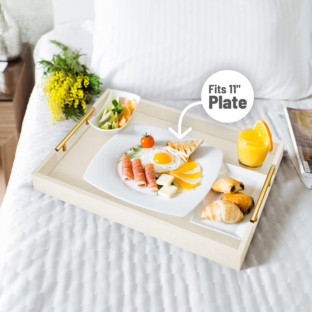 ATZYmolin 17"x12" Leather Serving Tray, Gold Handle Vanity Platter, White