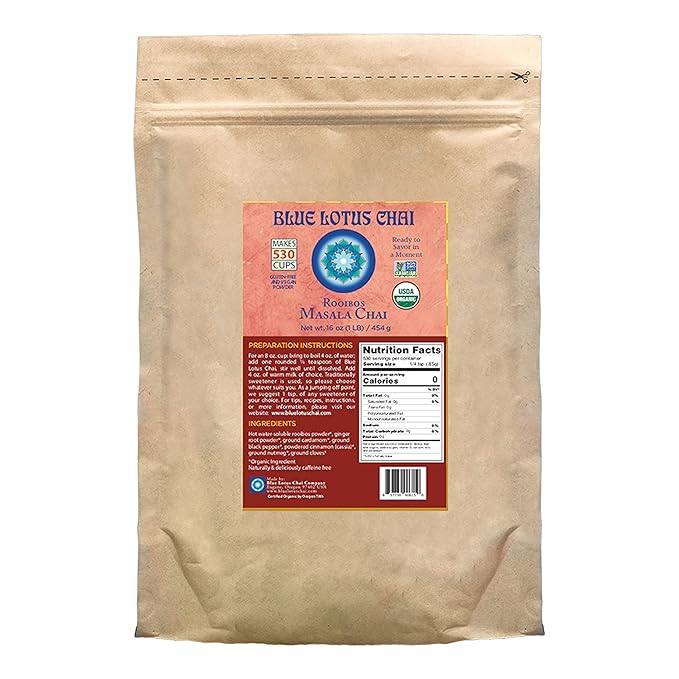 Blue Lotus Chai - Rooibos Masala Chai - Makes 530 Cups - 1 Pound Bulk Bag Masala Spiced Chai Powder