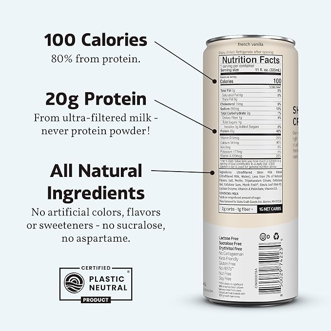 Slate Milk - High Protein Milk Shake - French Vanilla - Lactose Free, 20g Protein, 1g Sugar, 100