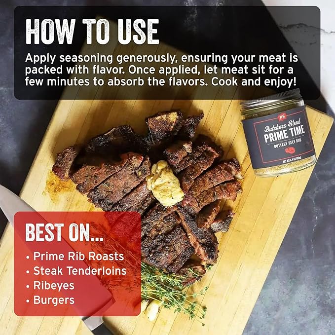 PS Seasoning Prime Time Butchers Blend - Buttery Garlic and Herb BBQ Seasoning & Beef Rub for
